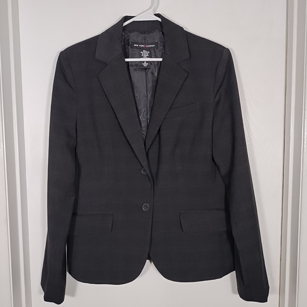 New York & Co Womens 12 Black Plaid Blazer Jacket 2 Button Pockets